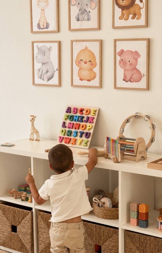 Un niño elige un juego de la estantería