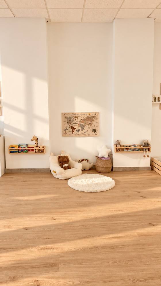 Sala principal luminosa con suelo de madera, alfombra redonda y estanterías bajas